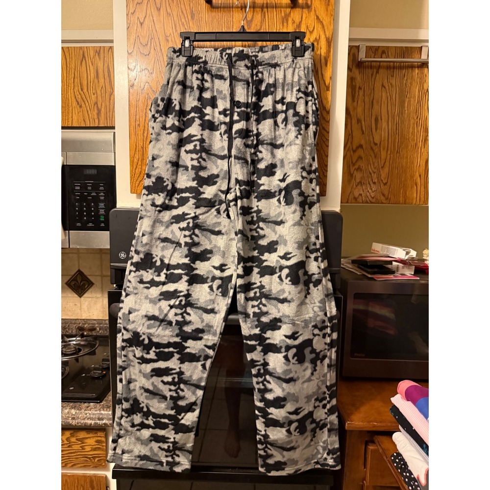 Open Trails Mens Fleece Pajama Pants Grey Black Camo Lounge Sleepwear Size M